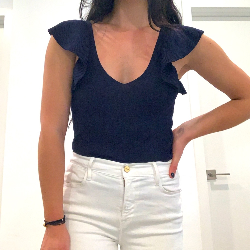 Navy Blue Ribbed Top with Ruffle Sleeves